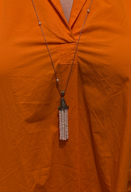 14k Diamond and Pearl Tassel on Long Doubled Chain