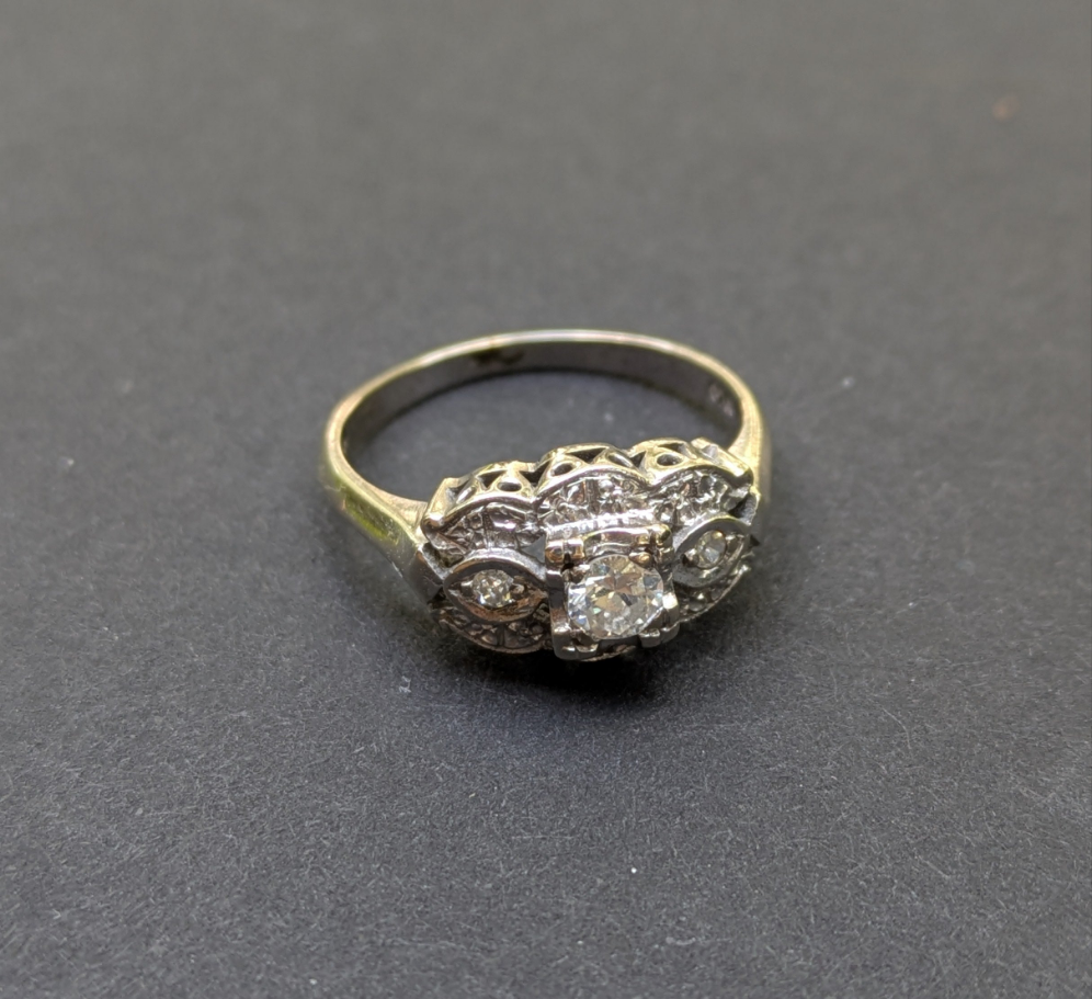 14k White Gold Diamond Ring European Cut Illusion Mounting