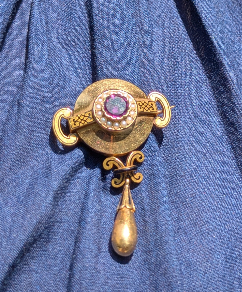 14kt Amethyst Seed Pearl and Enamel Brooch