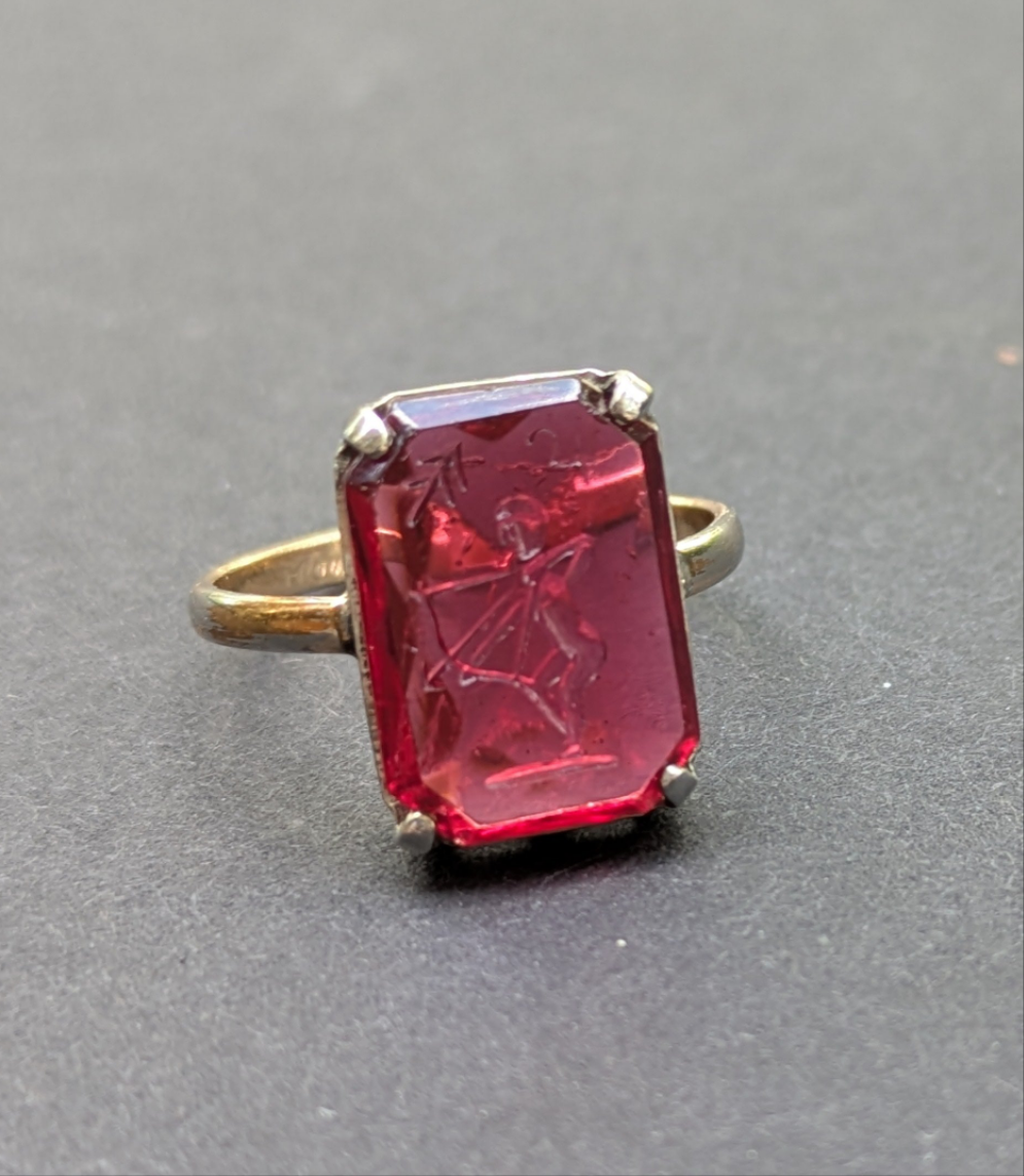 Red Glass Intaglio of Jupiter Reset in White Gold