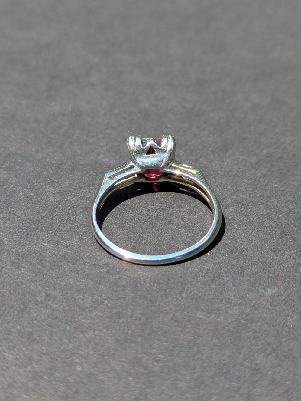 Art Deco Platinum split prong mounting with Rhodolite Garnet ring