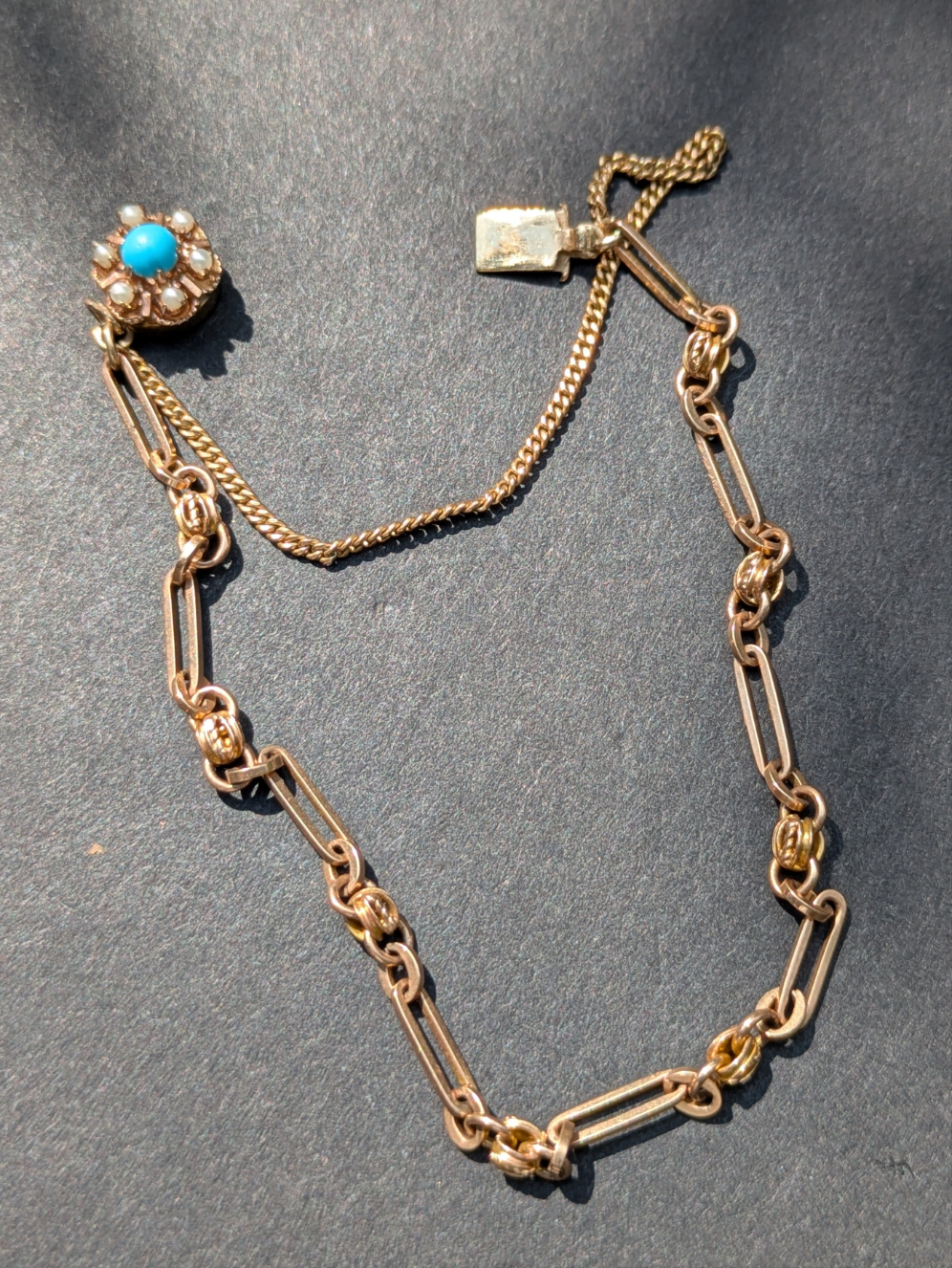 14kt 1930's American Bracelet with Turquoise and Pearl Clasp