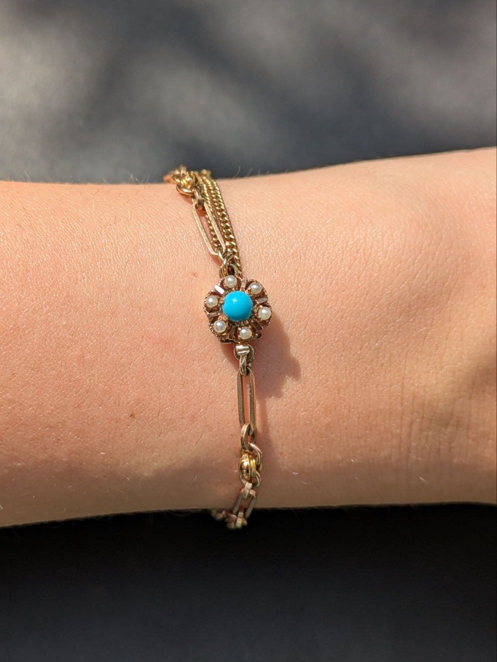14kt 1930's American Bracelet with Turquoise and Pearl Clasp
