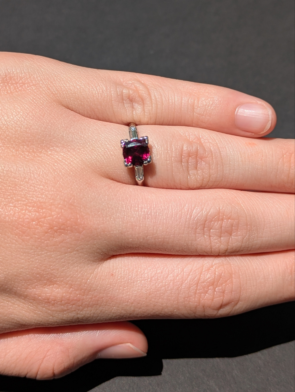 Art Deco Platinum split prong mounting with Rhodolite Garnet ring
