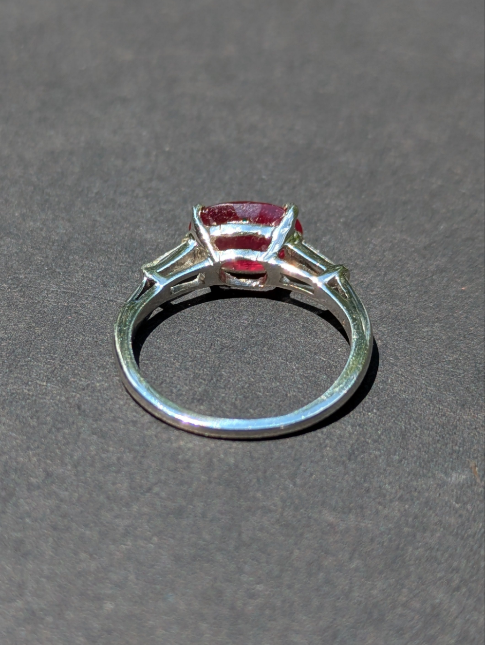 1920's Platinum Mounting with Diamond Baguettes Reset with Oval Ruby ring