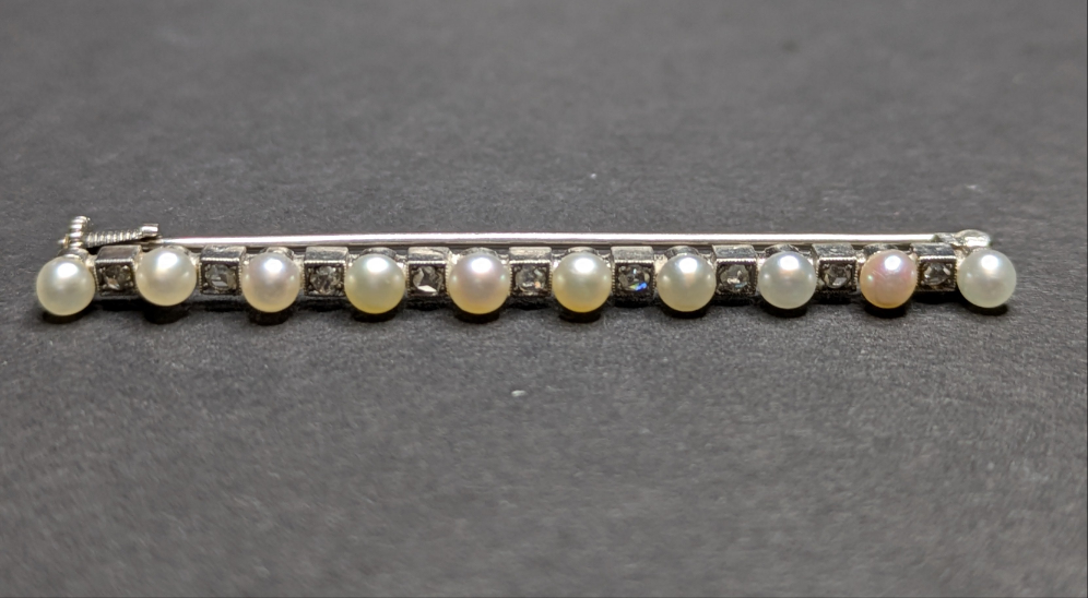 Platinum Pearl and Single Cut Diamond Bar Pin