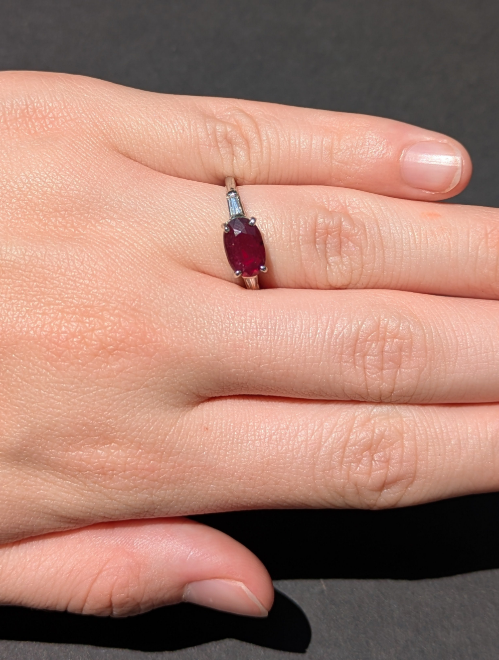 1920's Platinum Mounting with Diamond Baguettes Reset with Oval Ruby ring