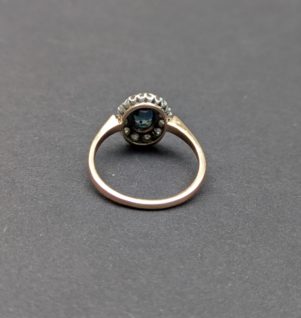 Sapphire Ring with Mine Cut Diamond Halo
