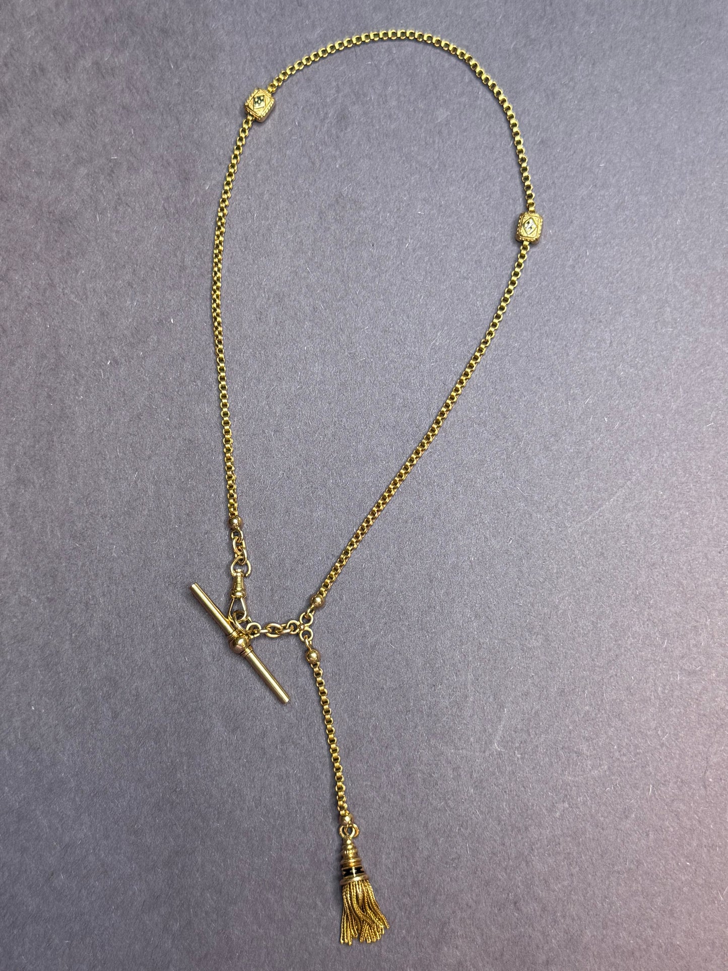 18k and Enamel Watch Chain with Tassel and T-Bar