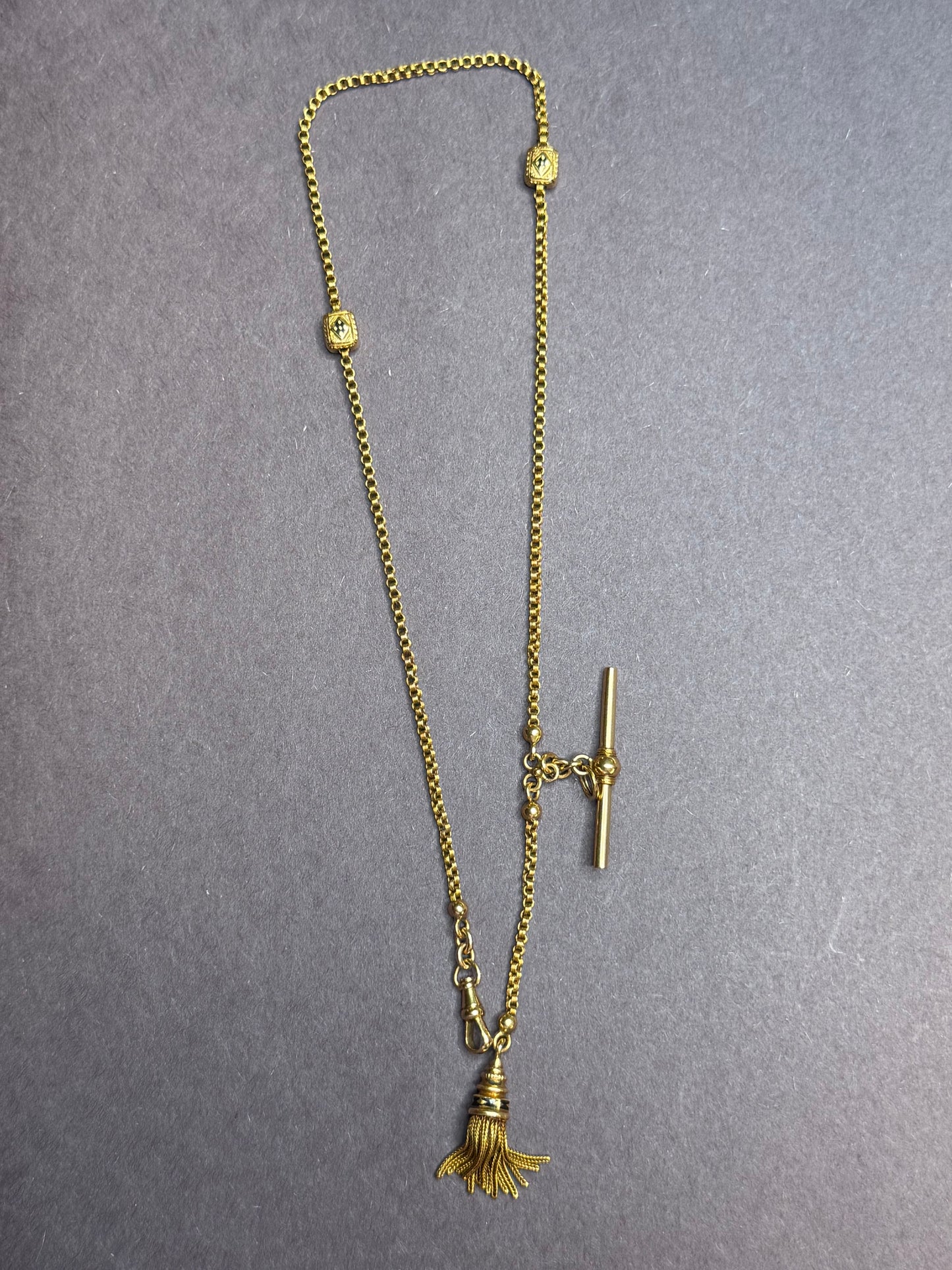 18k and Enamel Watch Chain with Tassel and T-Bar
