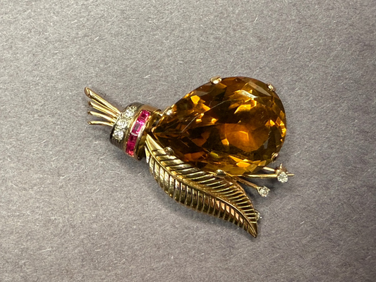 18k Yellow Gold Smoky Quartz, Ruby and Diamond Pendant/Brooch
