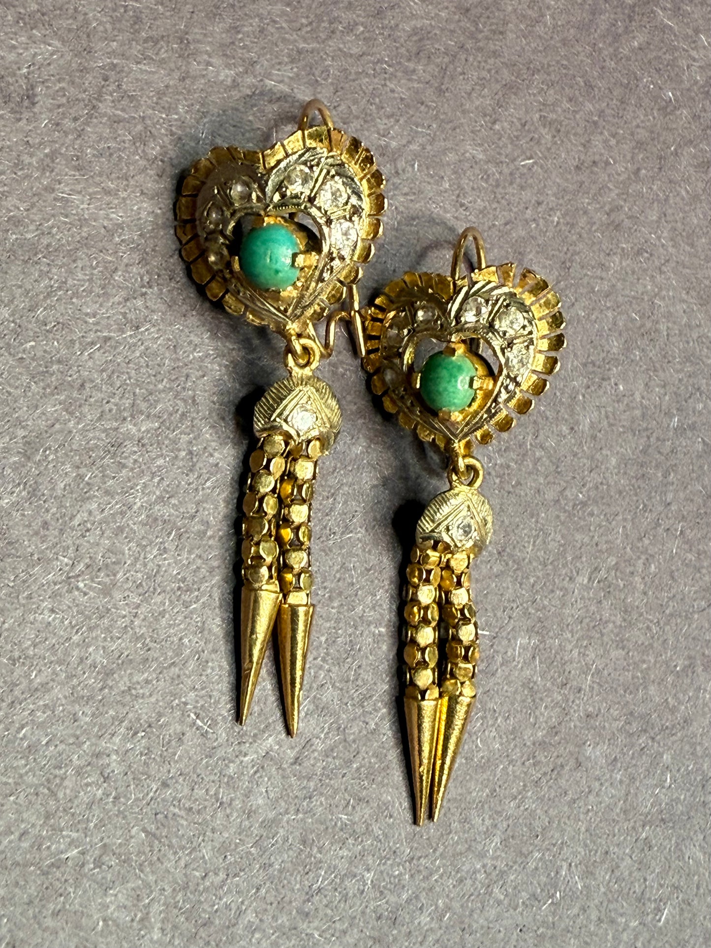 Early 1900s 18k Dangle Turquoise and Diamond Earrings