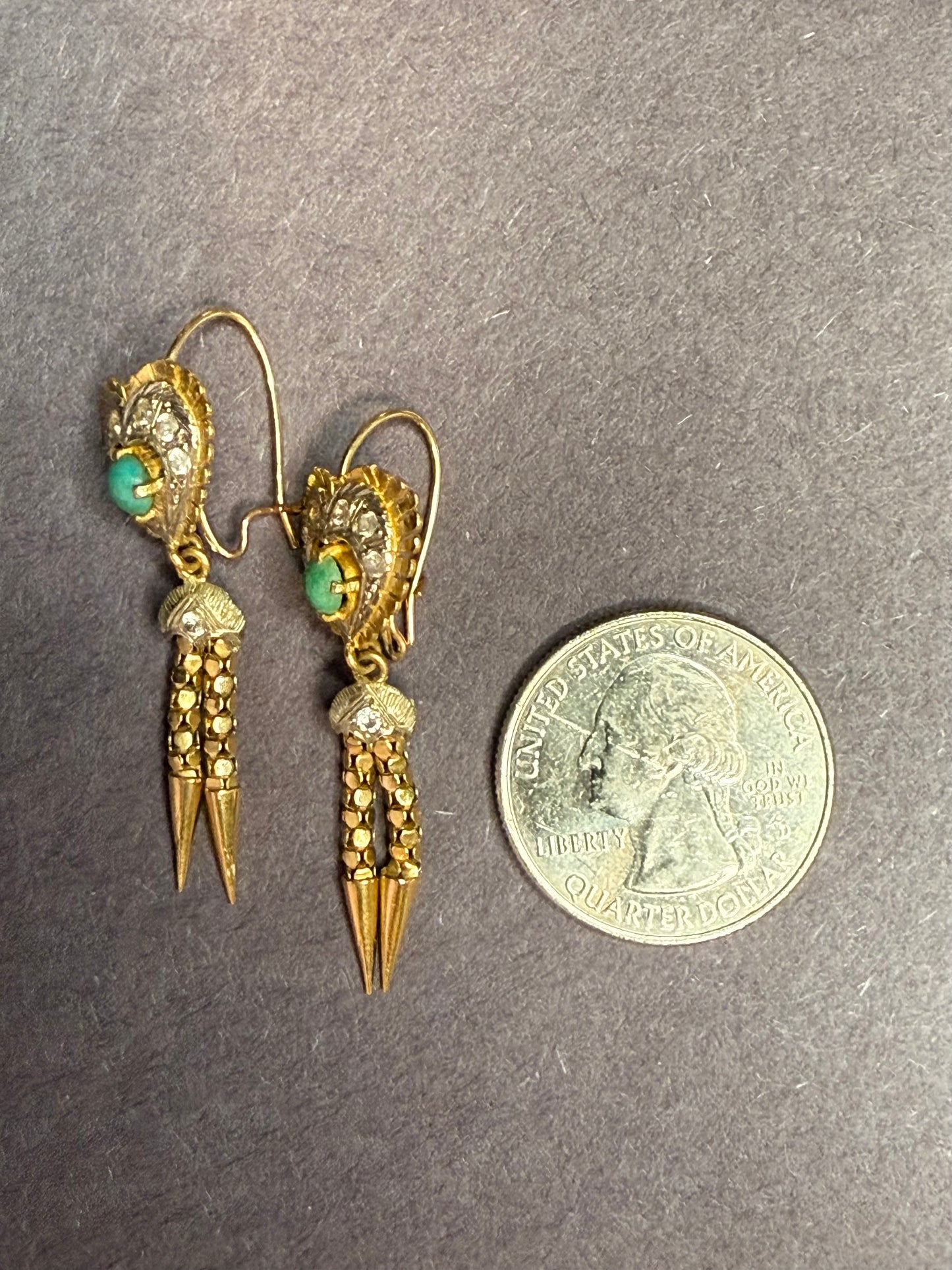 Early 1900s 18k Dangle Turquoise and Diamond Earrings