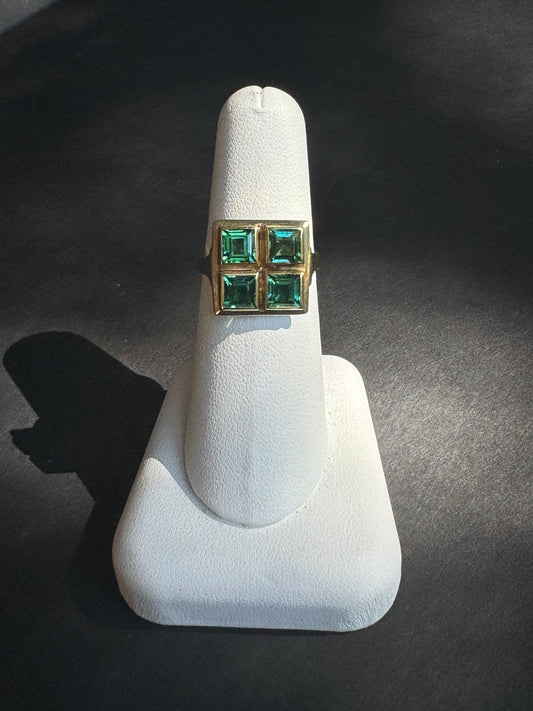 German 14k Art Deco Green Tourmaline Four Square Ring