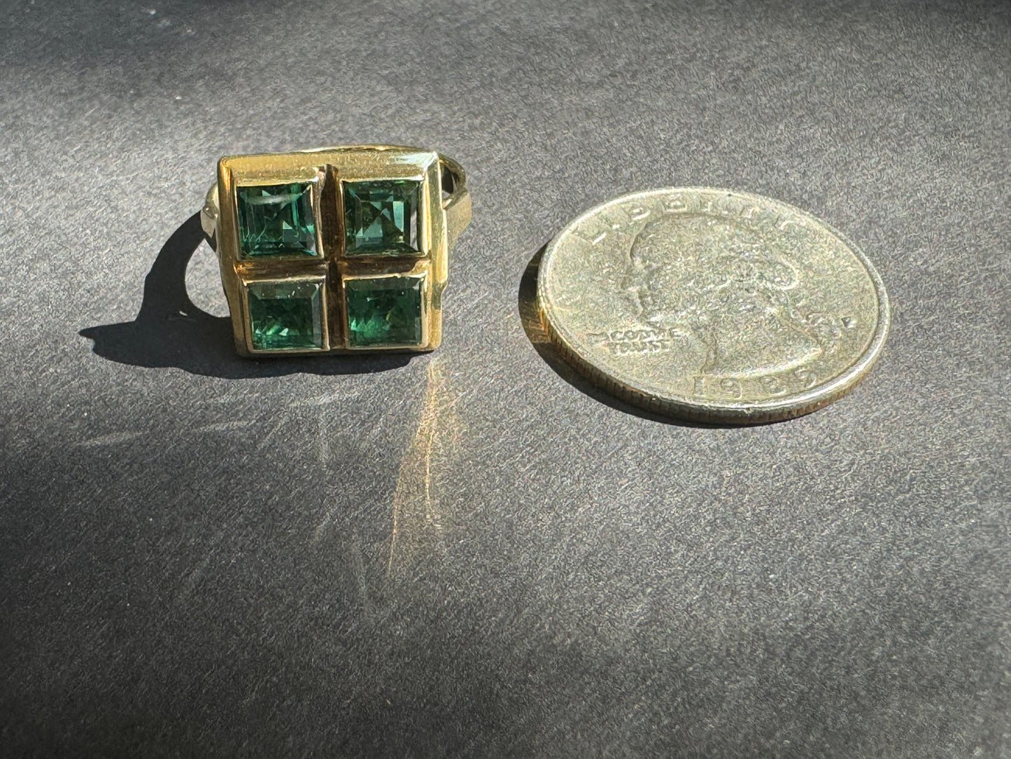 German 14k Art Deco Green Tourmaline Four Square Ring