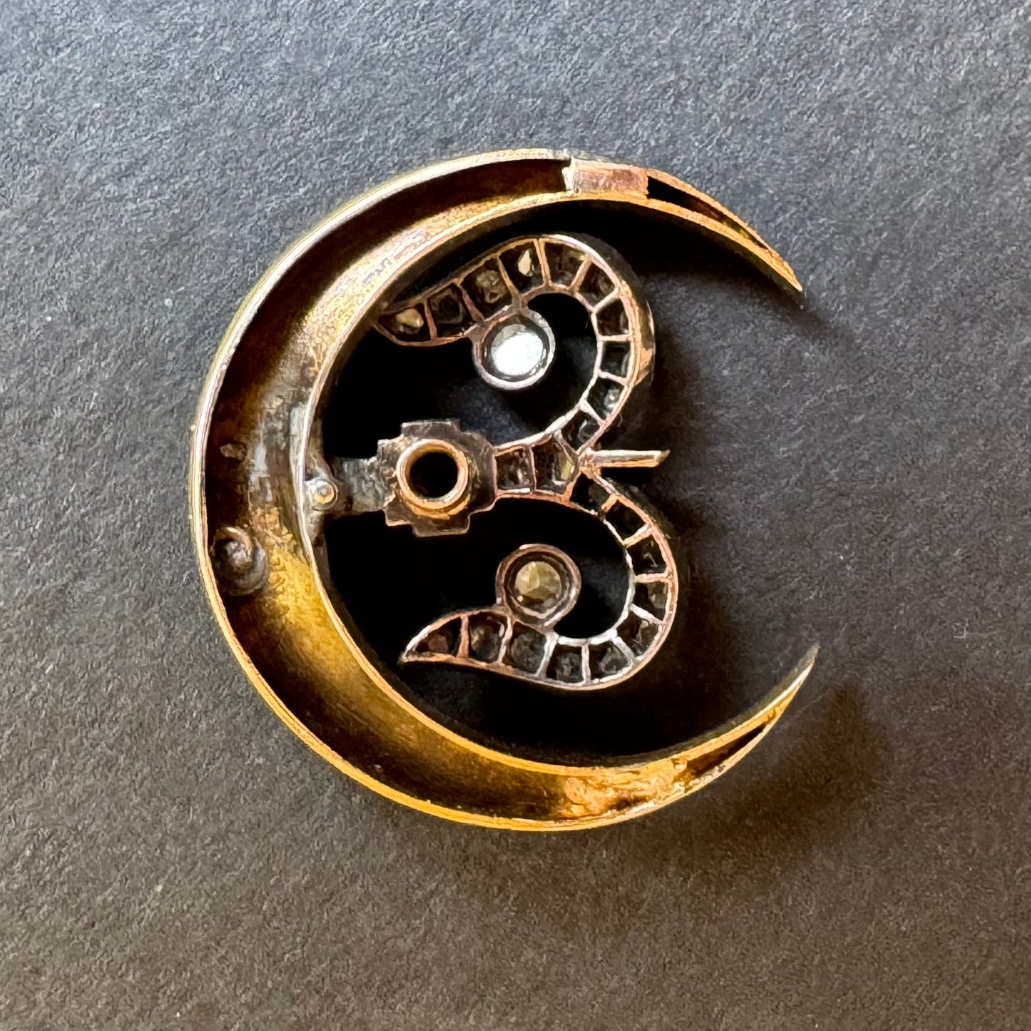 18k Gold French Crescent with Rose Cut Diamonds Set in Silver
