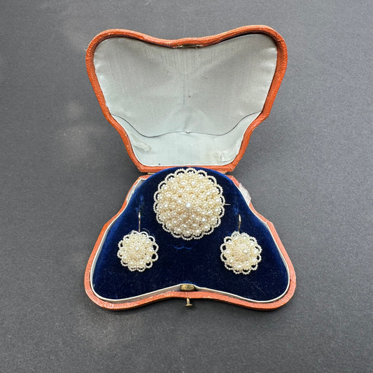 Demi-Parure Earring and Brooch Set with Seed Pearls
