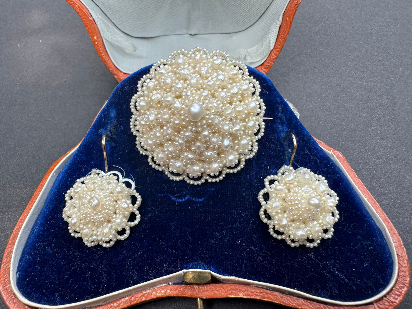 Demi-Parure Earring and Brooch Set with Seed Pearls