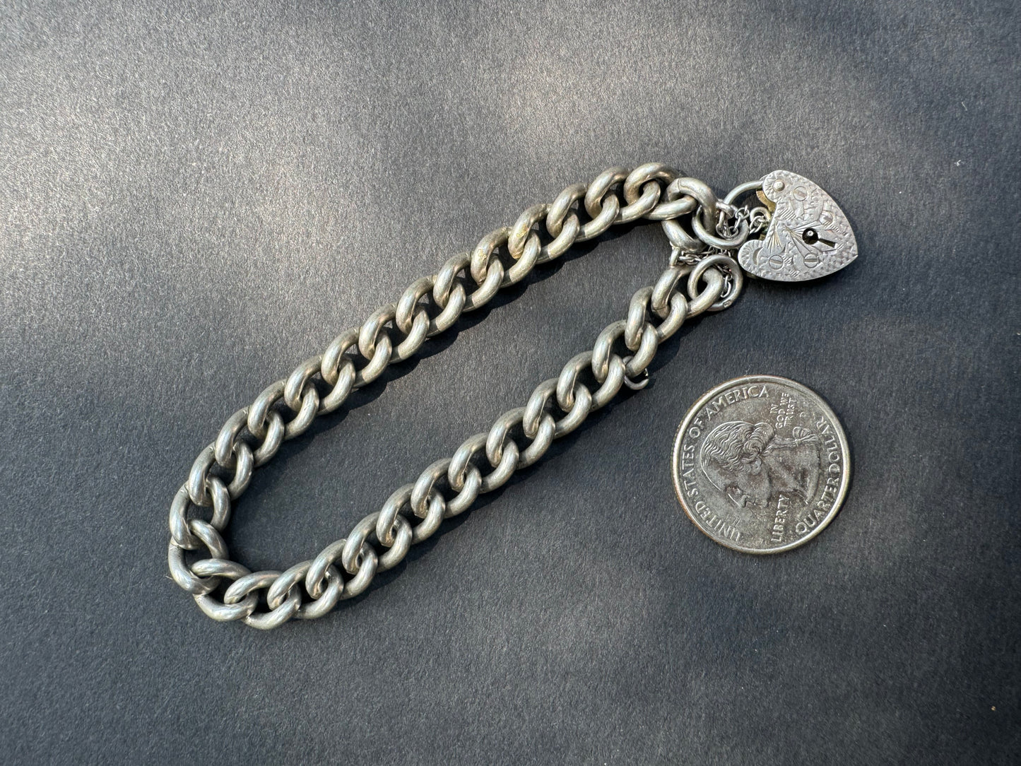 1908 English Sterling Silver Heart Curb Bracelet