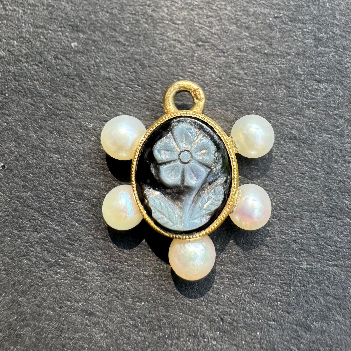 Hardstone Flower Intaglio and Pearl Victorian Mourning Charm
