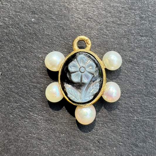 Hardstone Flower Intaglio and Pearl Victorian Mourning Charm