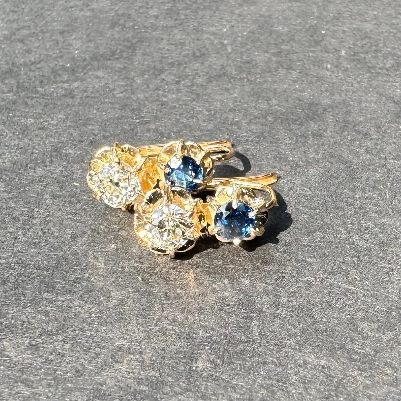 18k French Sapphire & Diamond Old European Cut Diamond Double Leverback Earrings