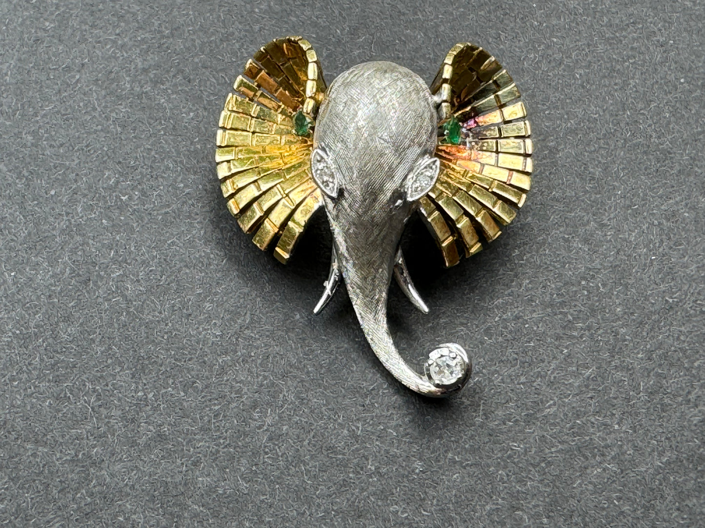 1960s 18k White and Yellow Gold Custom Elephant Brooch