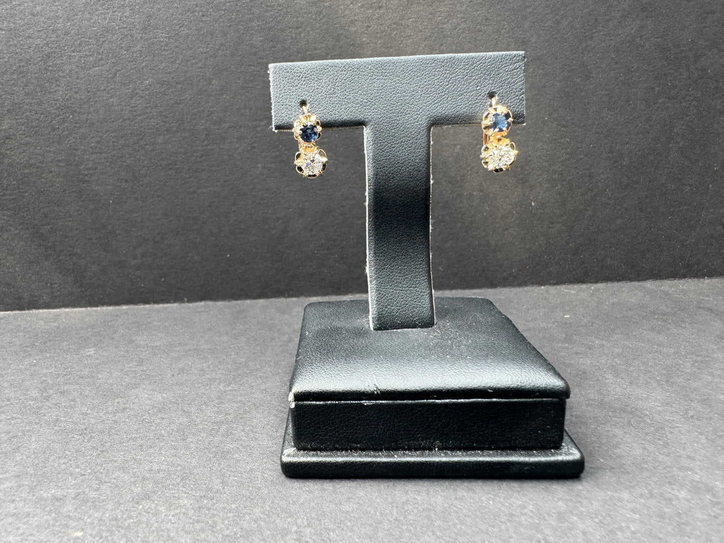 18k French Sapphire & Diamond Old European Cut Diamond Double Leverback Earrings