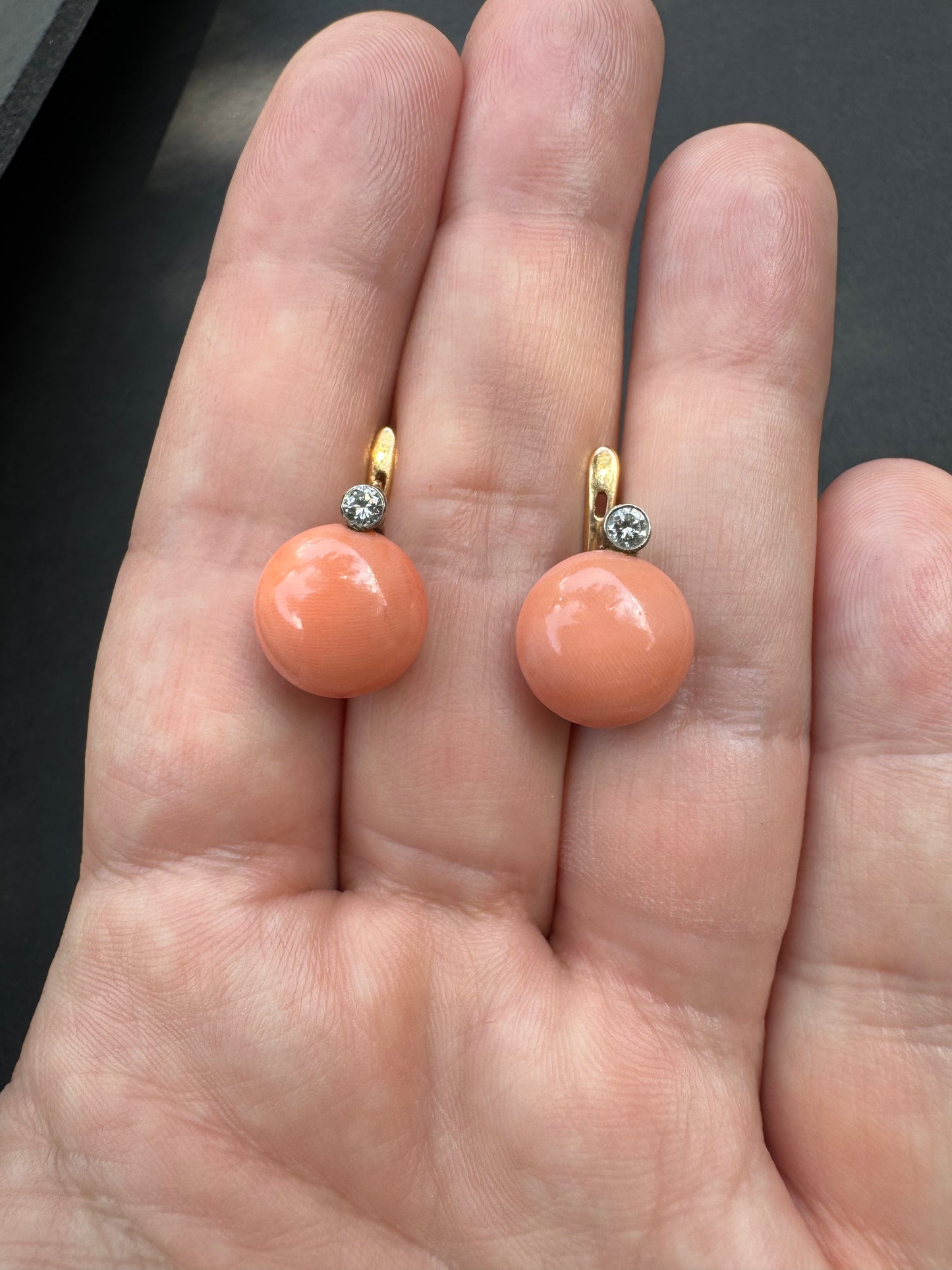 18k Button Coral & Diamond French Leverback Earrings