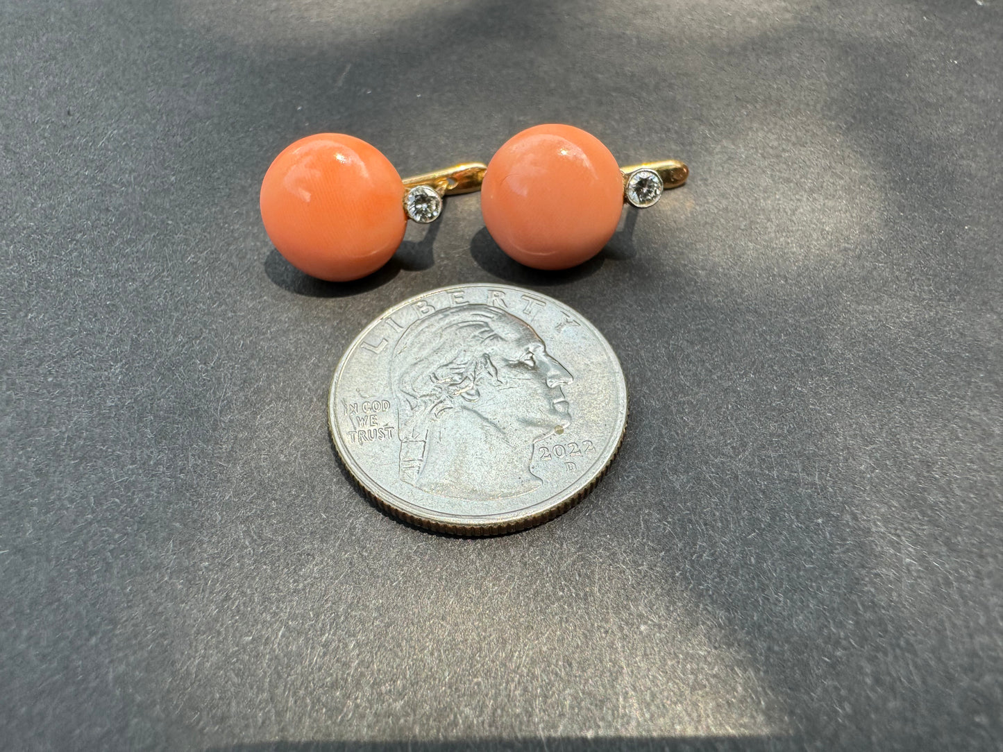 18k Button Coral & Diamond French Leverback Earrings