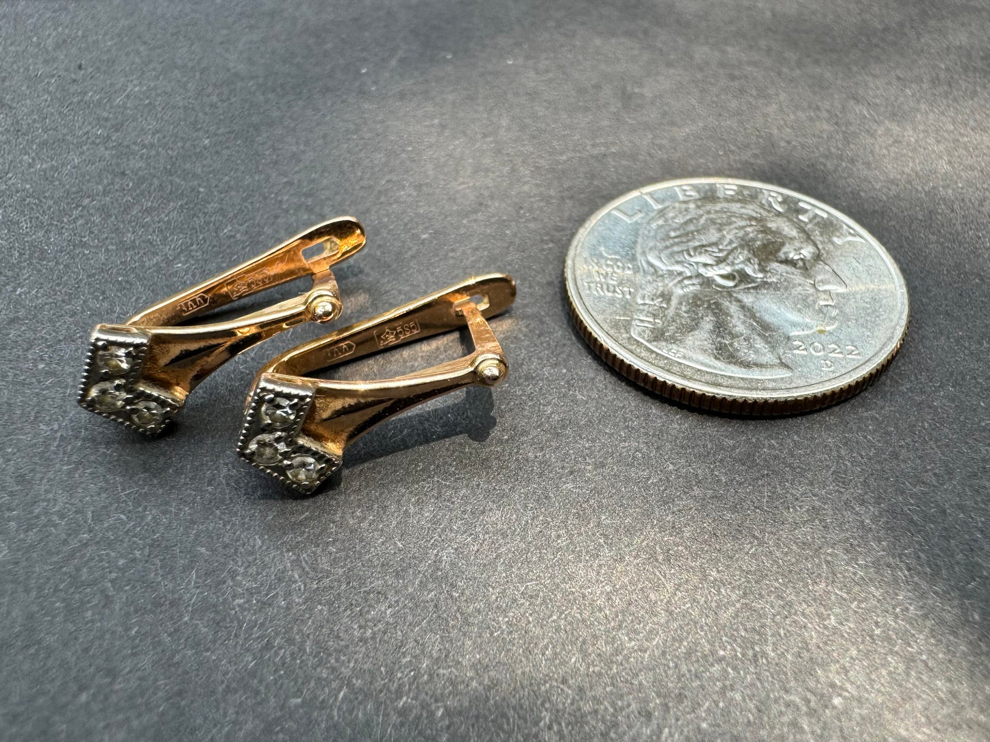 14k Vintage Eastern European Leverback Diamond Earrings