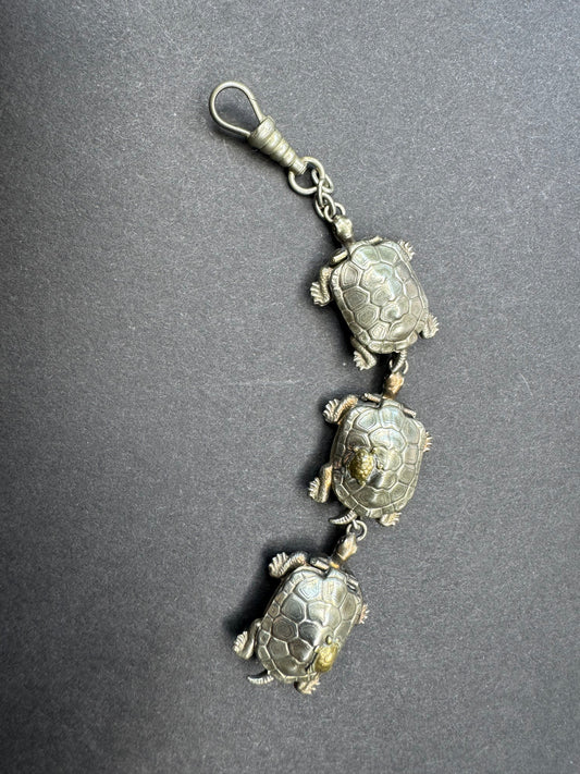 Sterling Japanese Turtle Watch Fob with Compass, Mini Dice and Locket