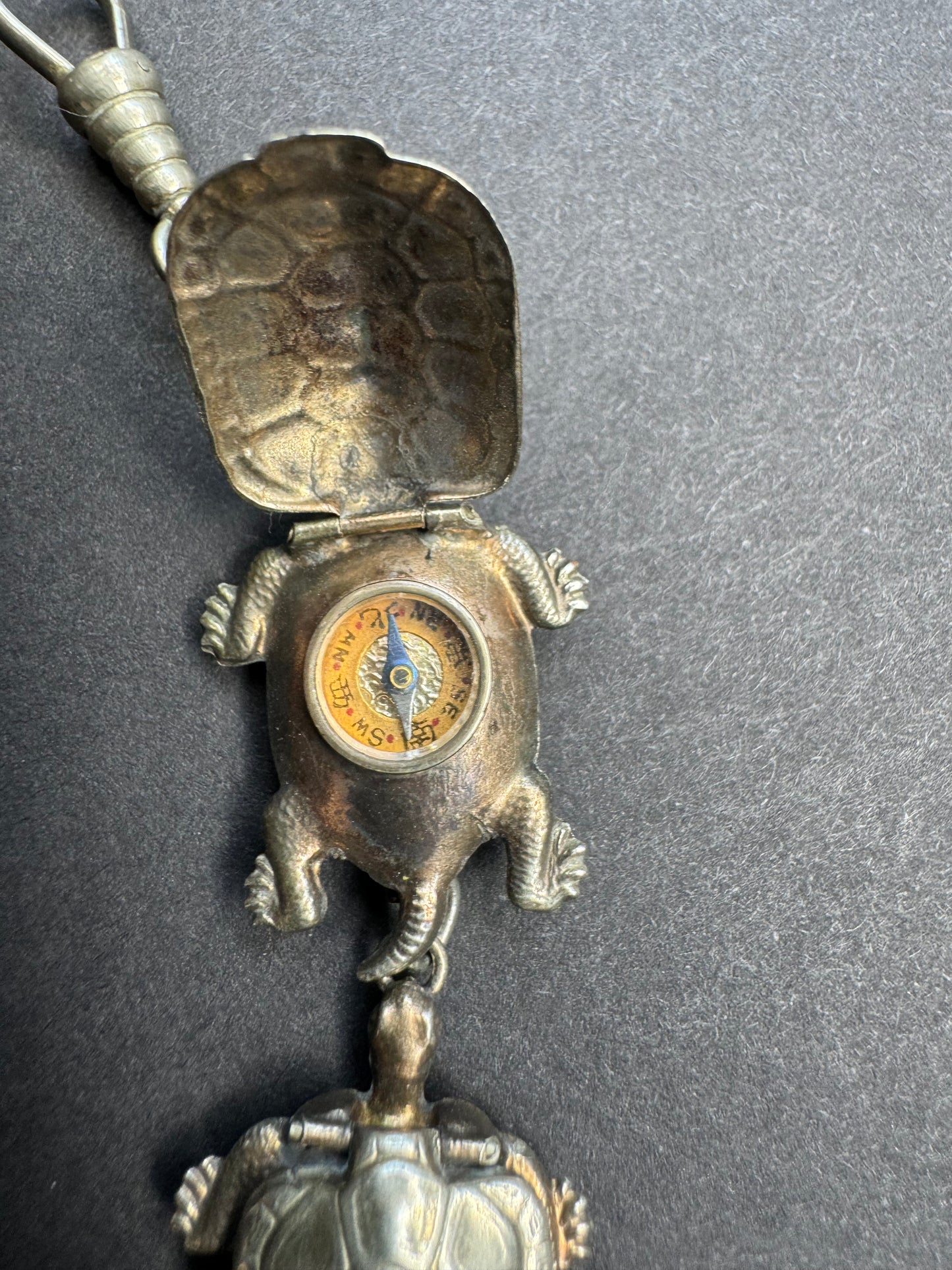 Sterling Japanese Turtle Watch Fob with Compass, Mini Dice and Locket