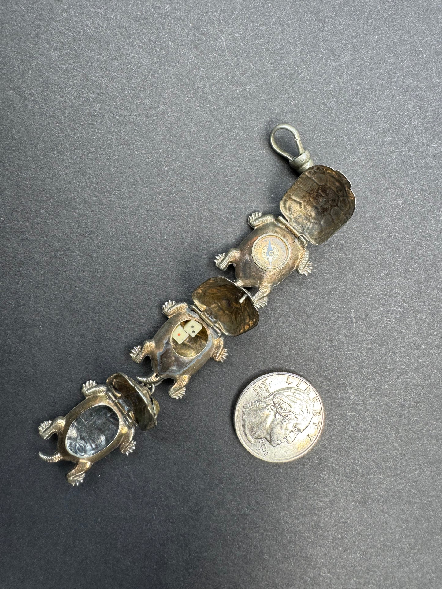 Sterling Japanese Turtle Watch Fob with Compass, Mini Dice and Locket