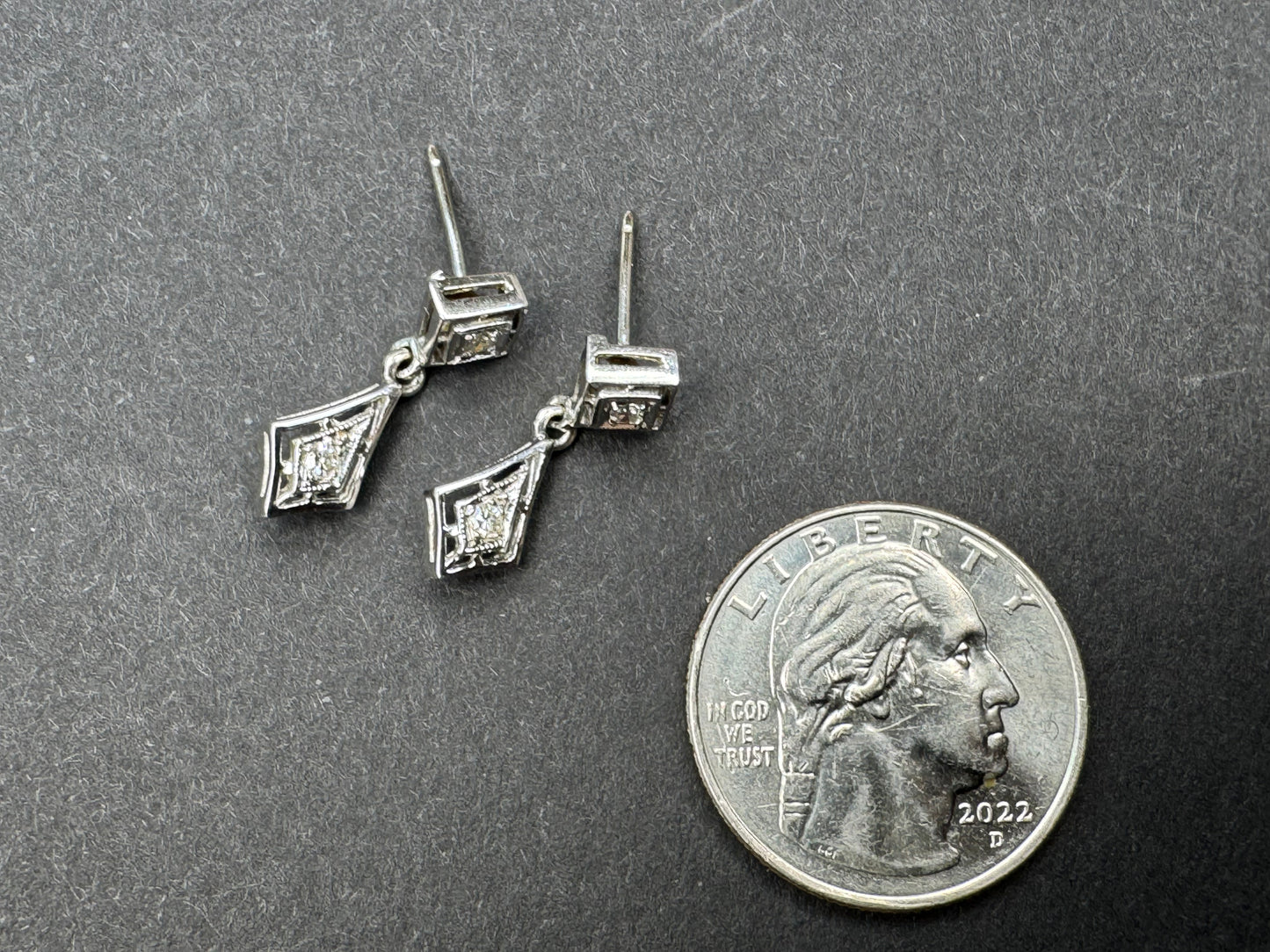 10k White Gold Depression Era Dangle Diamond Earrings