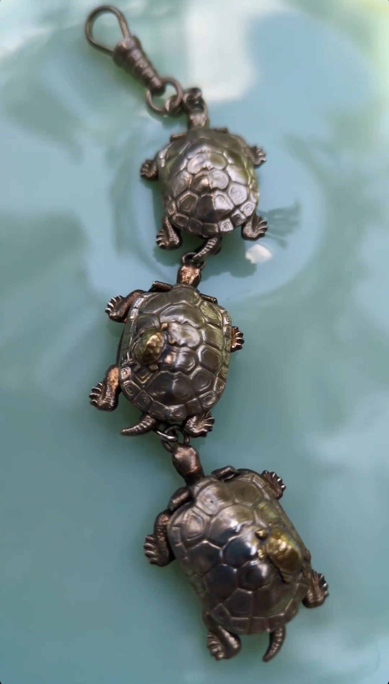 Sterling Japanese Turtle Watch Fob with Compass, Mini Dice and Locket