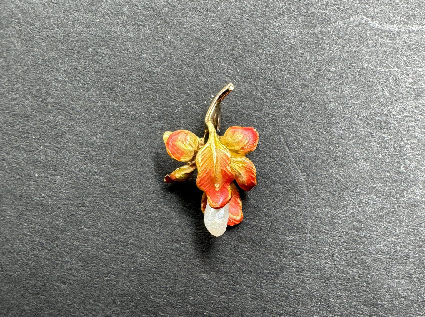 14k American Art Nouveau Orchid With Natural Pearl Center Pendant
