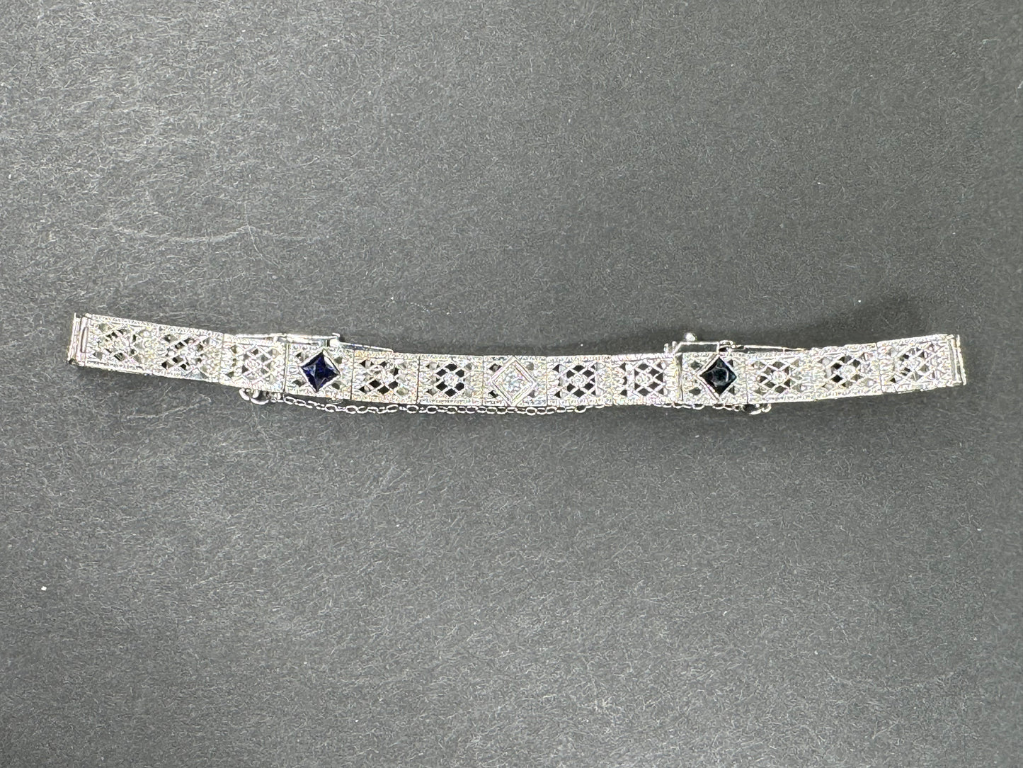 1930s 14k White Gold Filigree Bracelet With Sapphire + Diamond