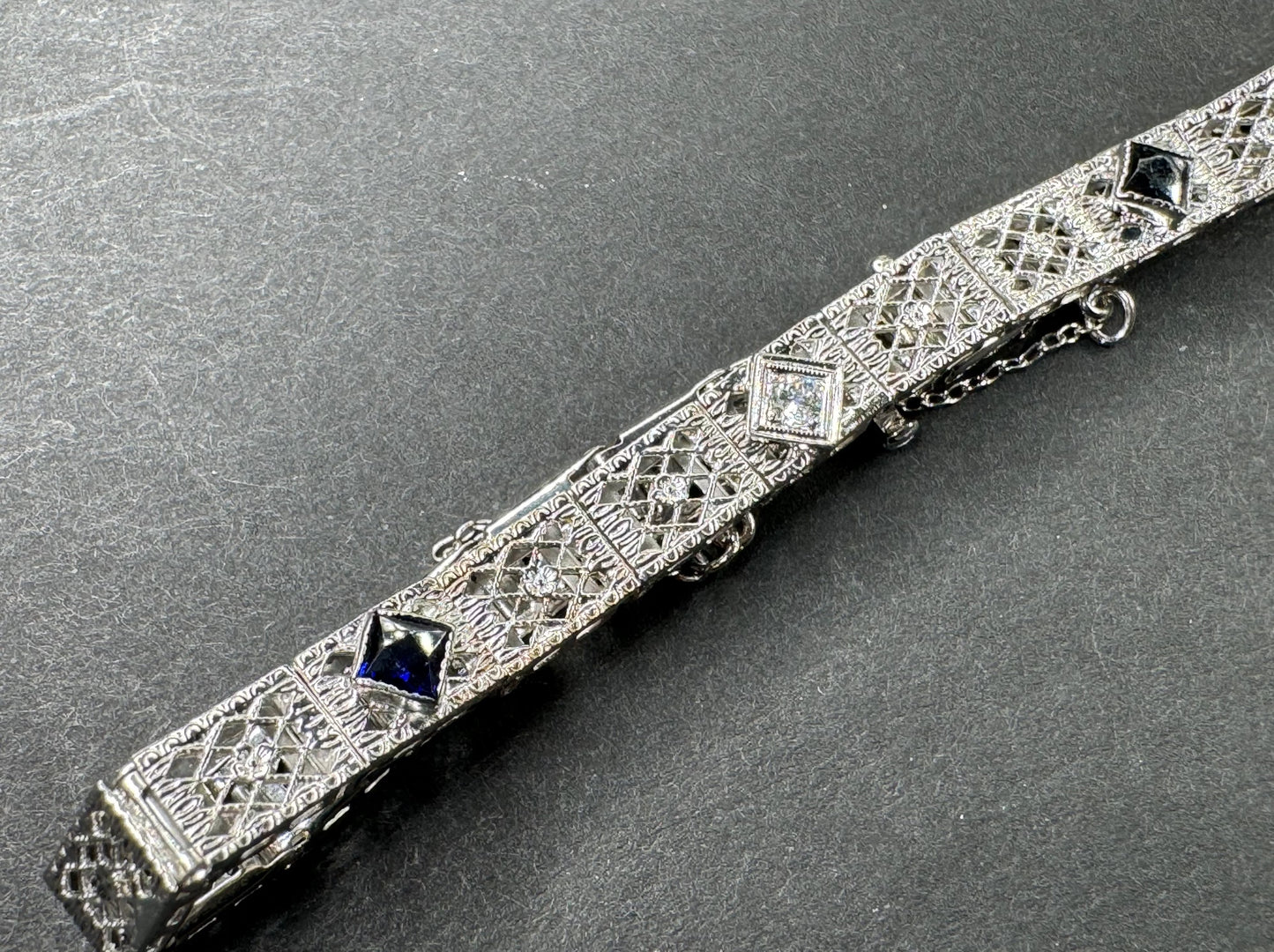 1930s 14k White Gold Filigree Bracelet With Sapphire + Diamond