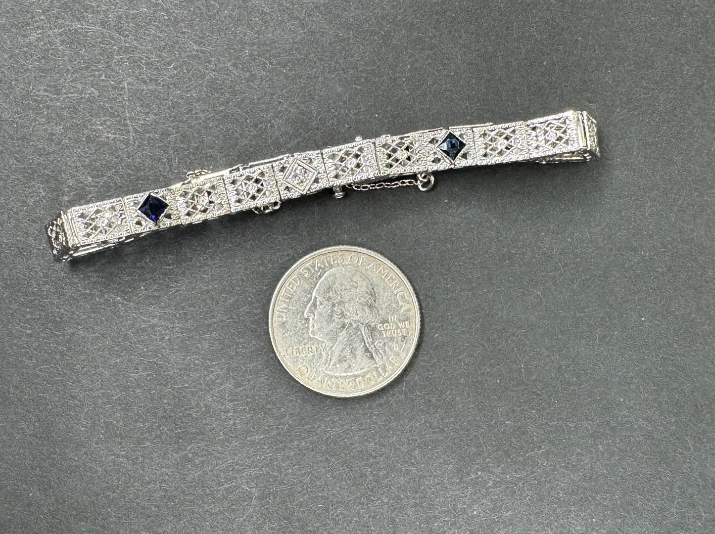 1930s 14k White Gold Filigree Bracelet With Sapphire + Diamond