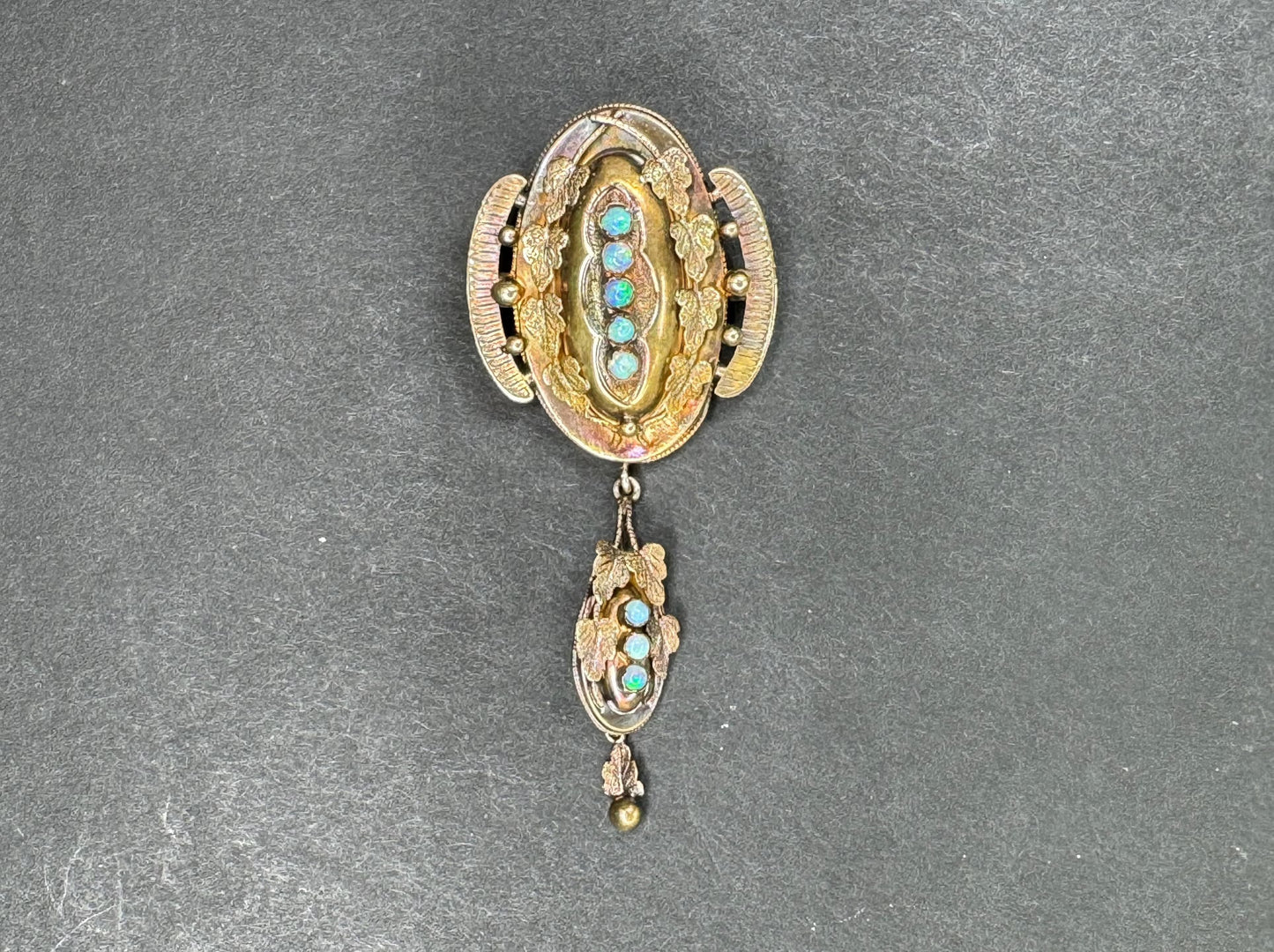 14kt Opal Brooch Depression Era Art Nouveau with Drop