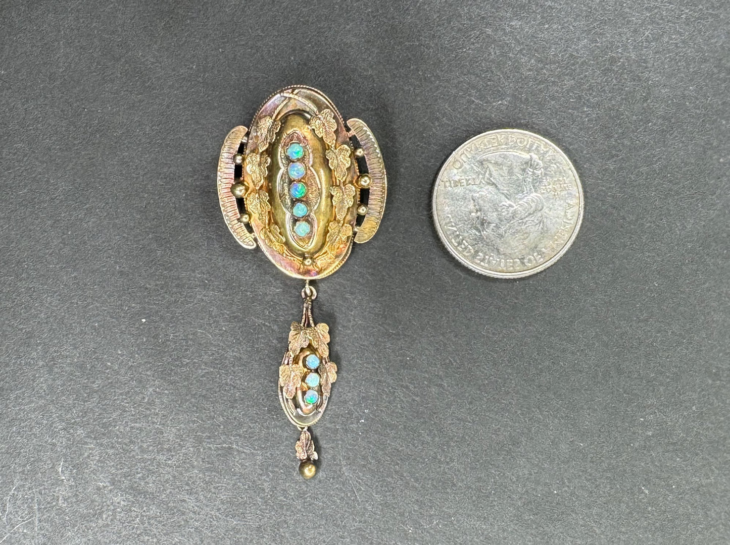 14kt Opal Brooch Depression Era Art Nouveau with Drop