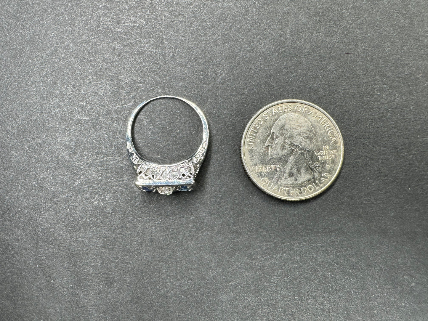 14kt Minecut and Sapphire Diamond Ring Filigree With Hearts