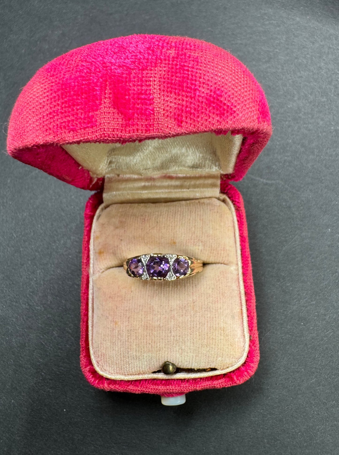 14kt Amethyst + Diamond 3 Stone Ring