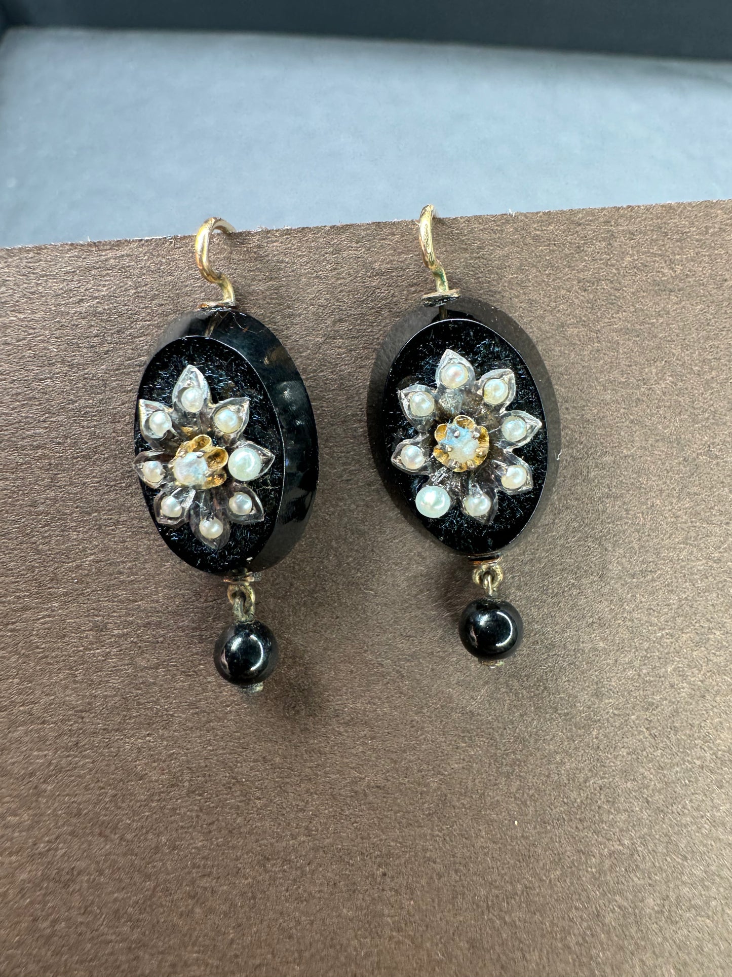 14k Circa 1880s Onyx and Seed Pearl American Mourning Earrings