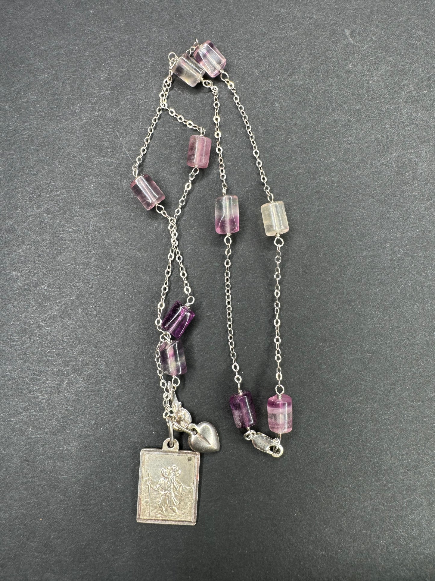Sterling St. Christopher, Heart and Key Charms on Fluorite and Sterling Necklace