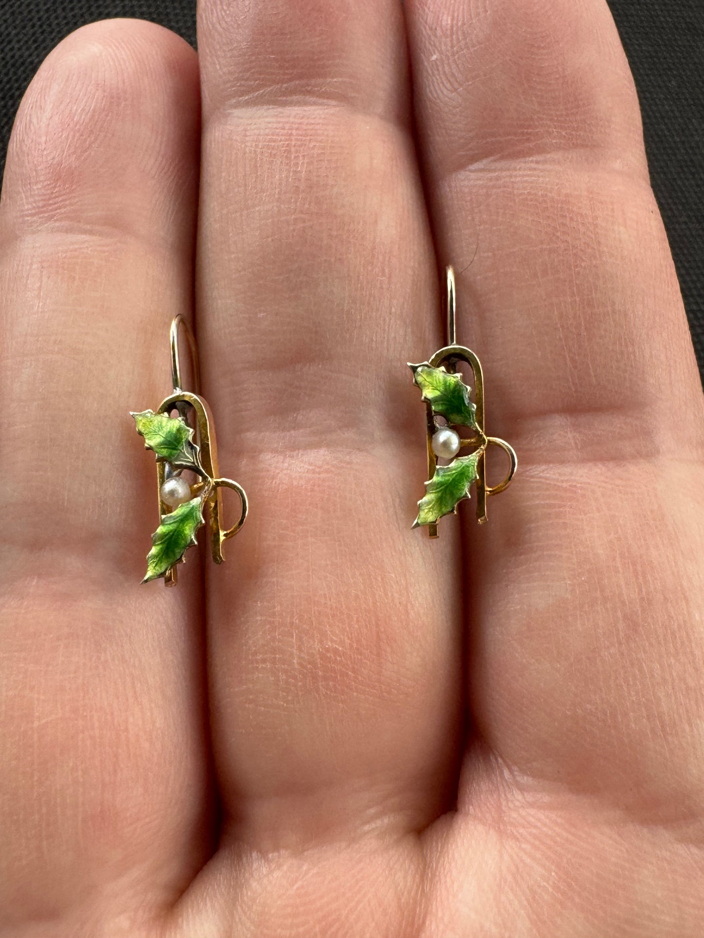 14k Green Enamel and Seed Pearl Leaf Earrings