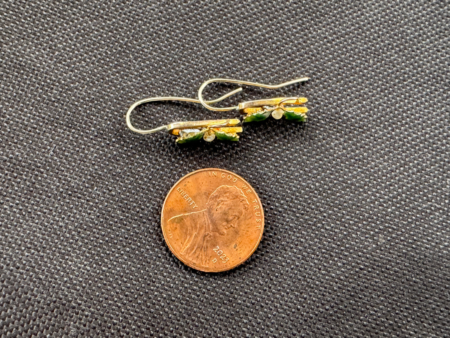 14k Green Enamel and Seed Pearl Leaf Earrings