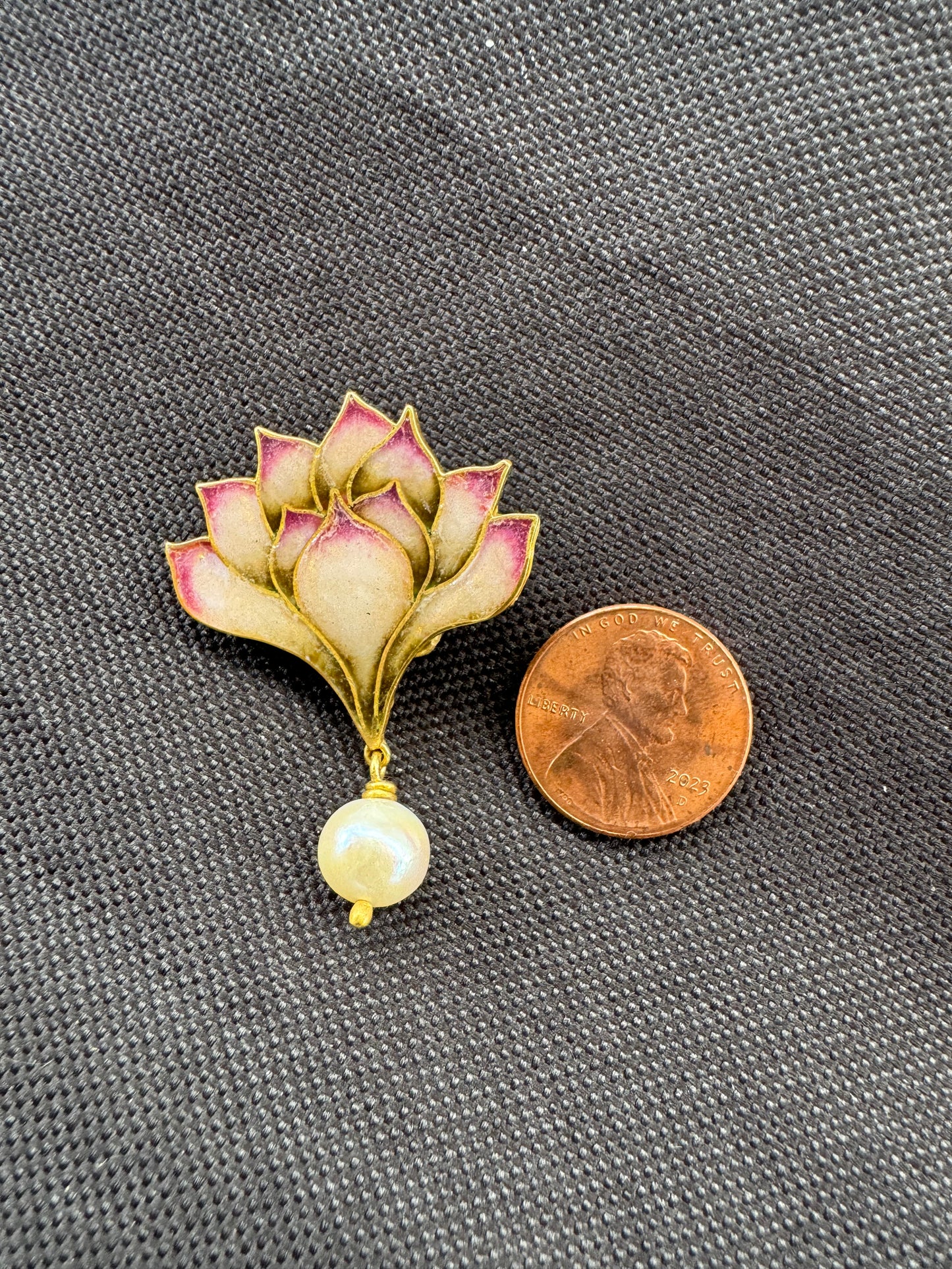 18k Enamel Lotus Brooch with Pearl