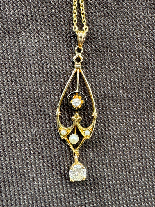 14k Edwardian Pearl and Diamond Pendant